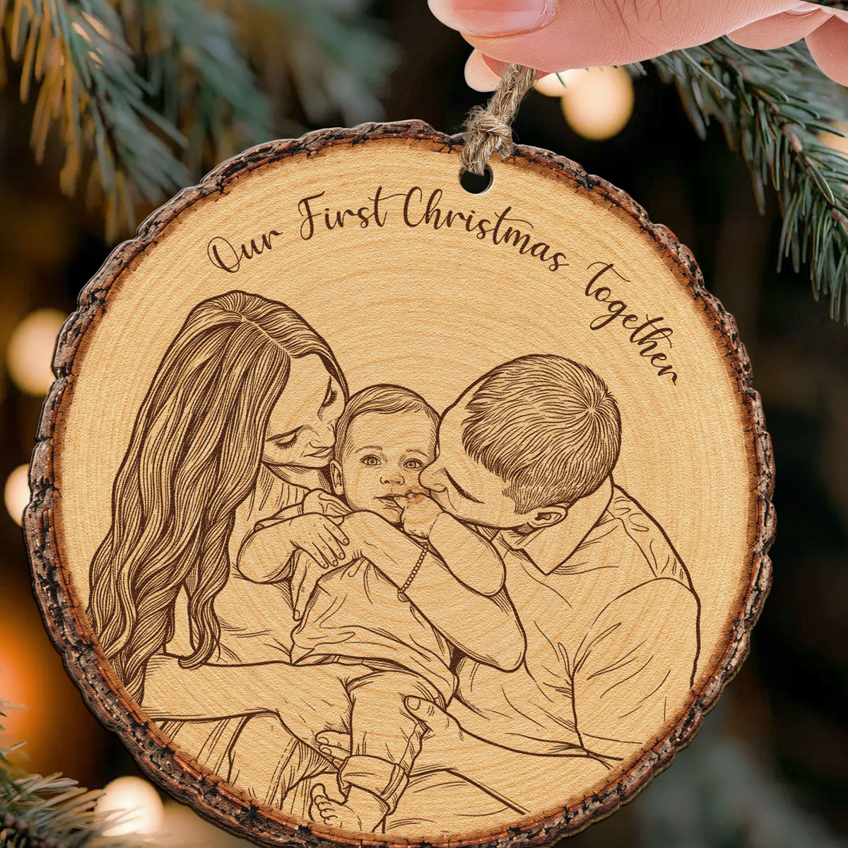 Custom Portrait Art Printed Wood Slice - Christmas Family Gifts - Personalized Ornament