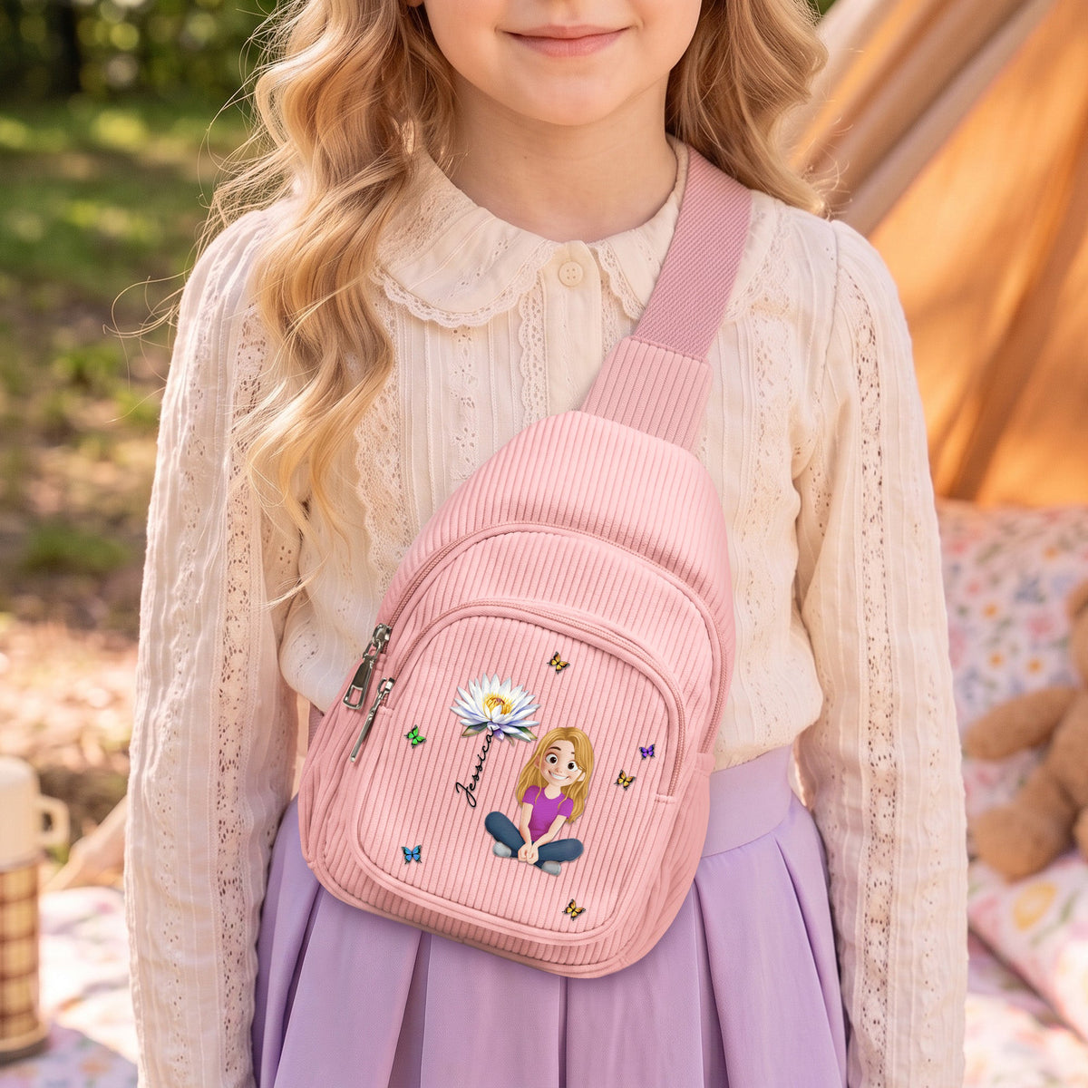 Cute Cartoon With Birth Month Flower - Personalized Sling Bag