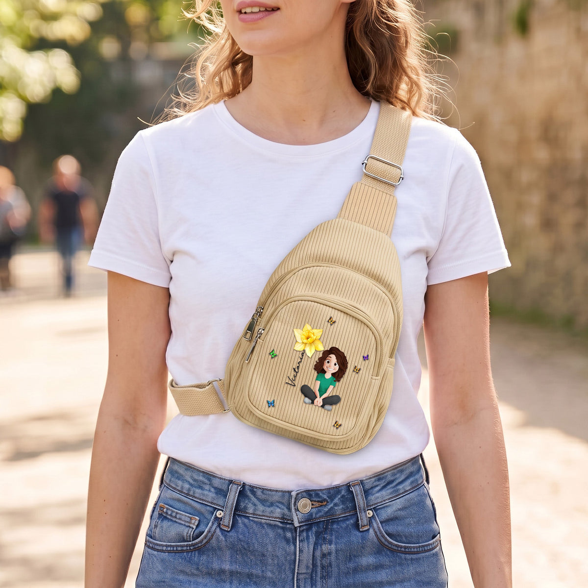 Cute Cartoon With Birth Month Flower - Personalized Sling Bag