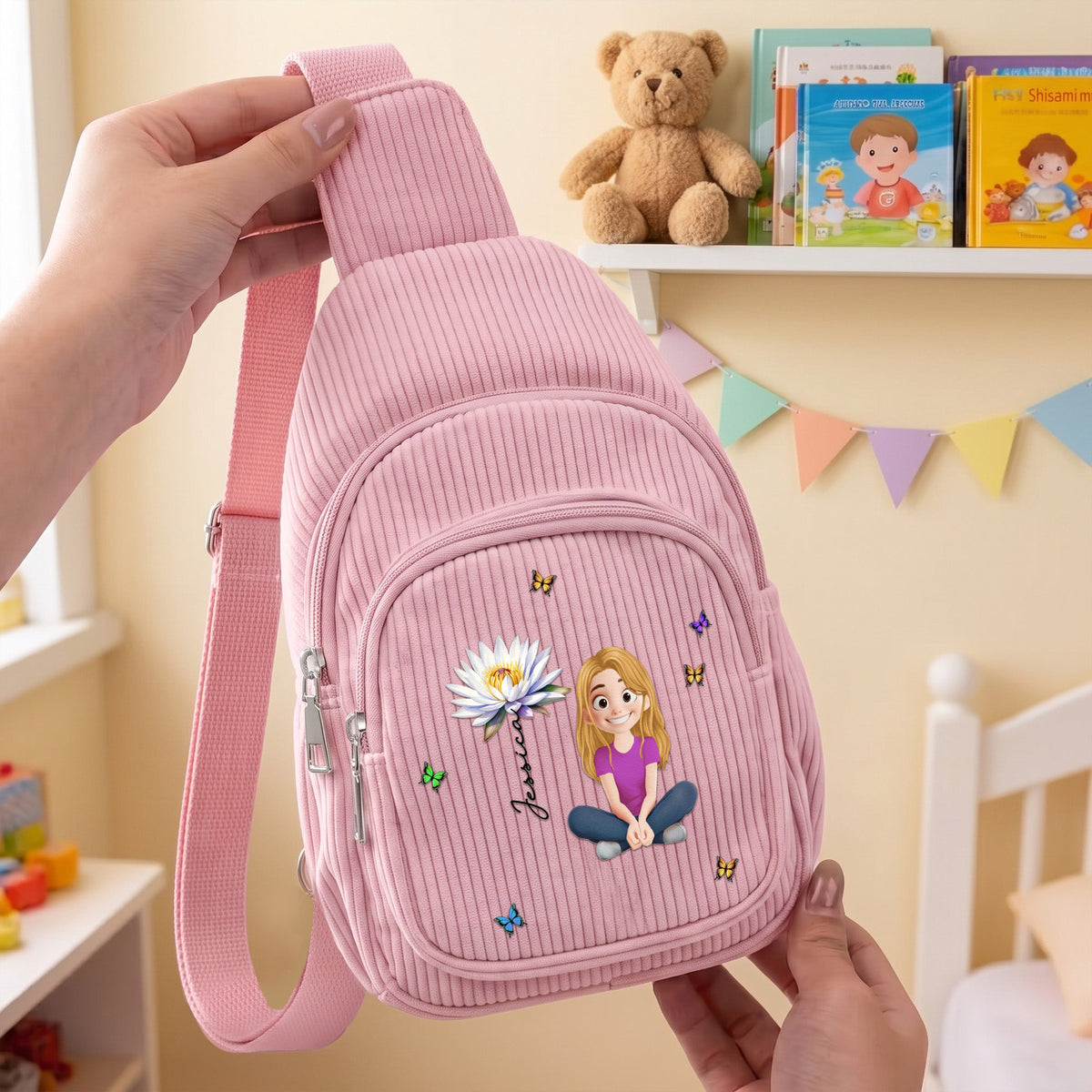 Cute Cartoon With Birth Month Flower - Personalized Sling Bag