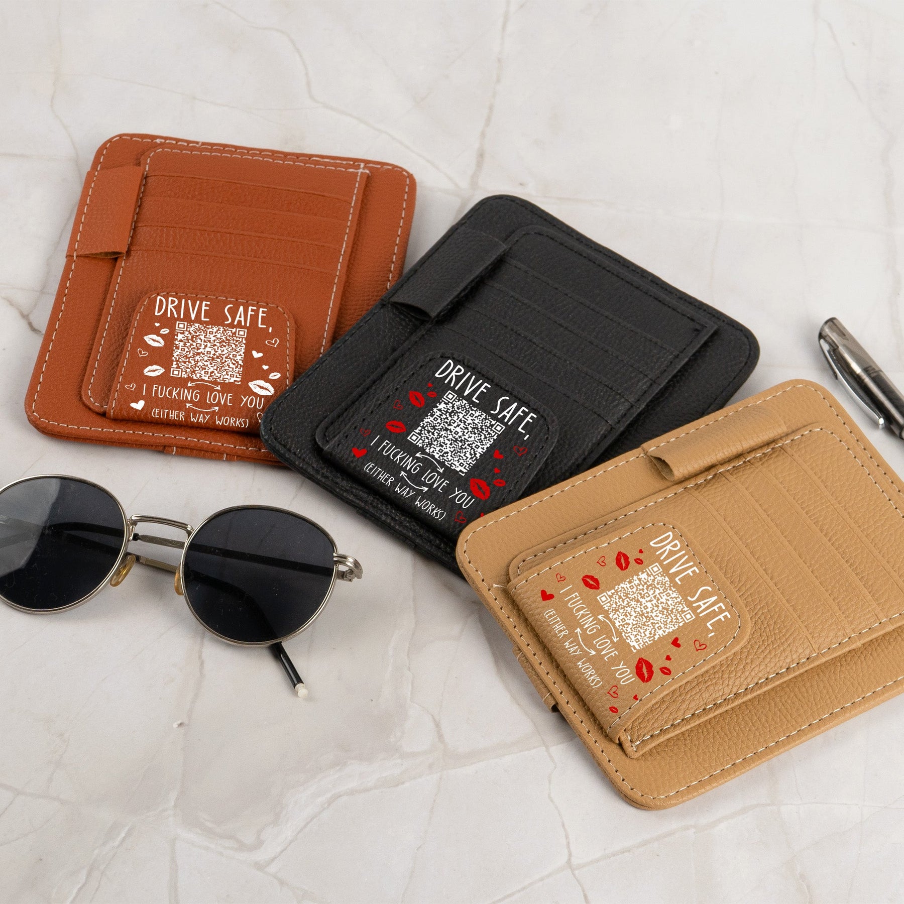 Drive Safe, I Fcking Love You QR Scan - Personalized Leather Car Visor Organizer