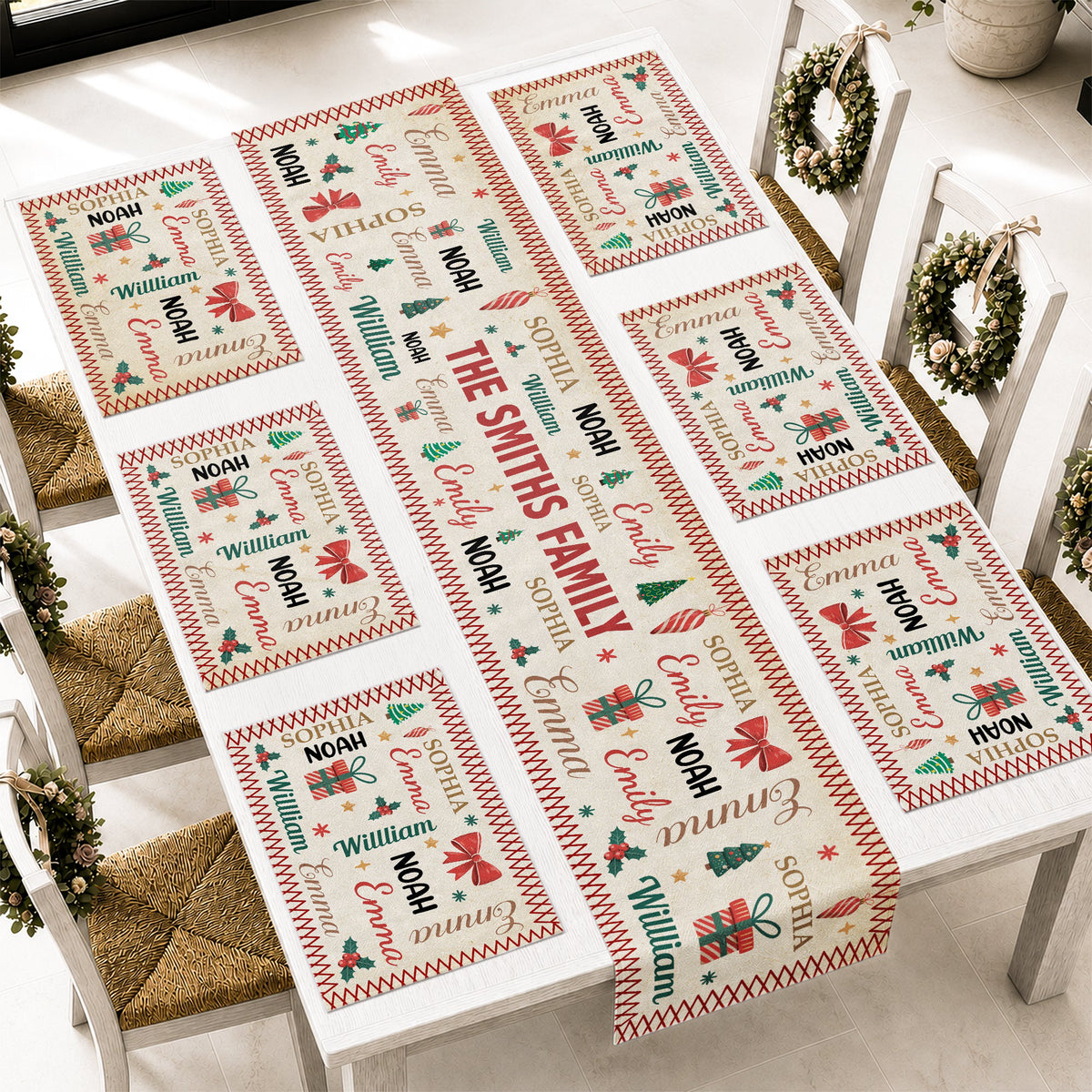 Family Name Word Christmas Theme - Personalized Table Runner Set