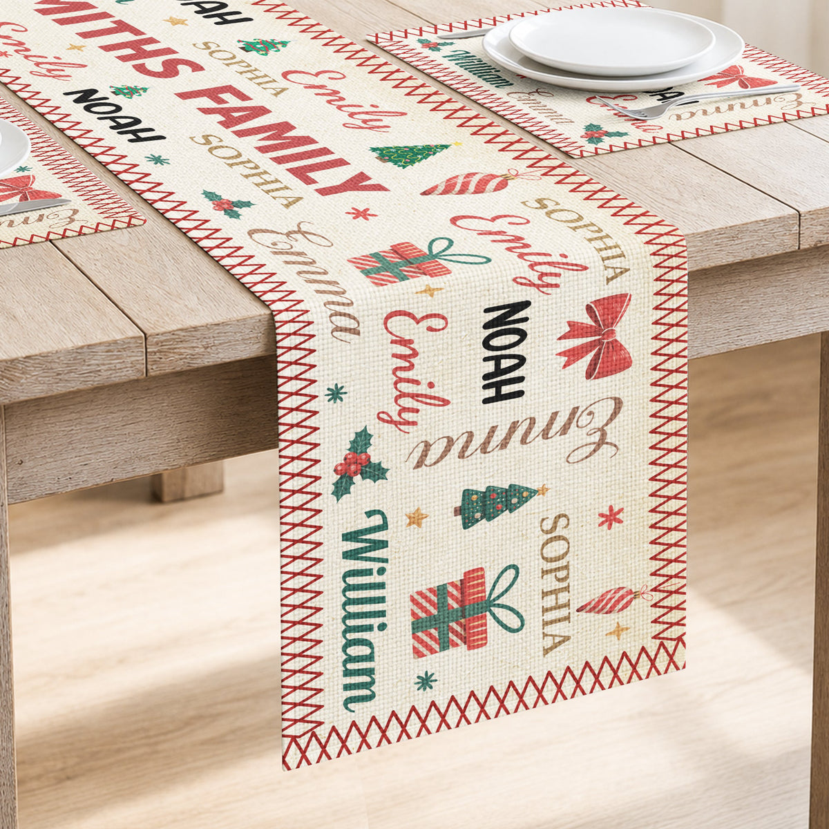 Family Name Word Christmas Theme - Personalized Table Runner Set