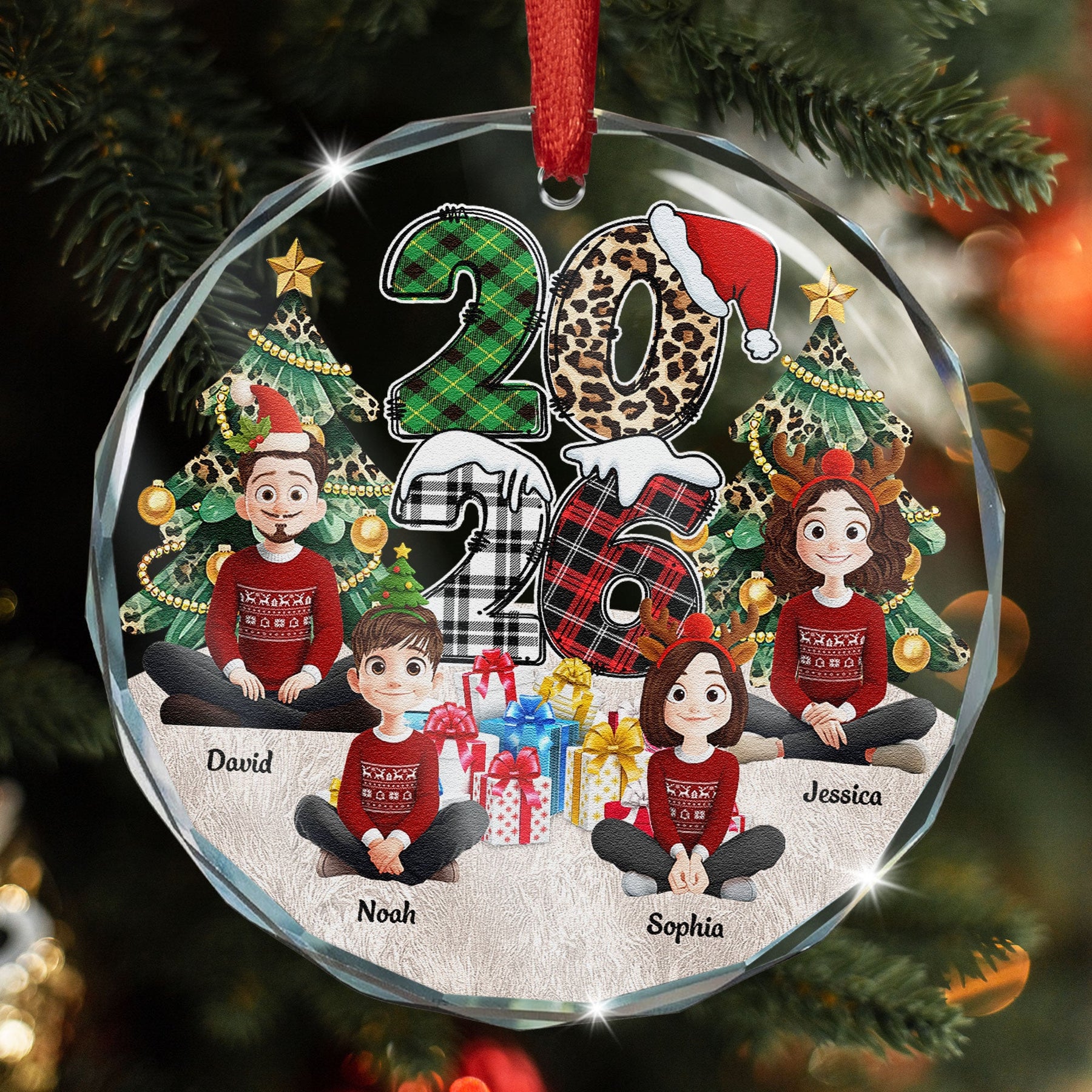Family Couple Friends Sitting 2026 Cartoon Version - Personalized Glass Ornament