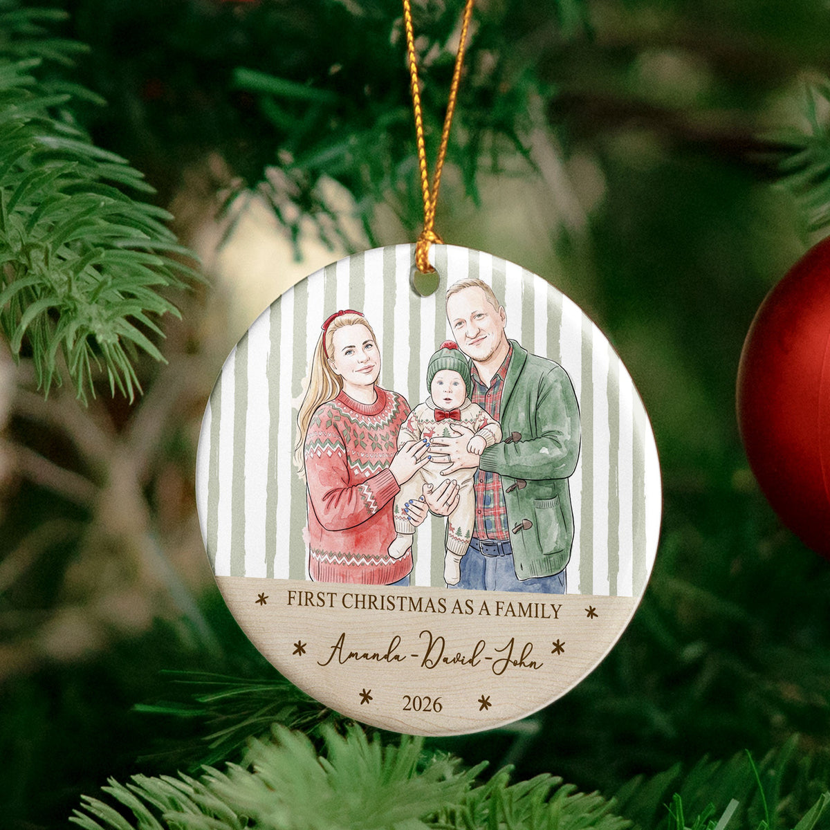 First Christmas As A Family, Custom Photo Watercolor Art - Personalized Ornament