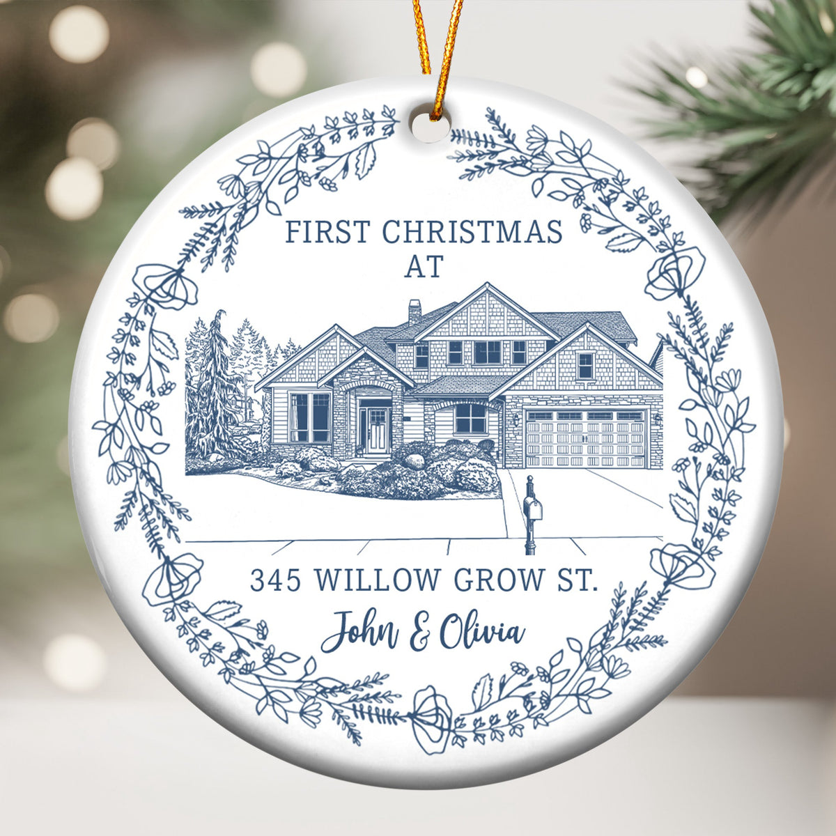 First Christmas At Our New House Custom Photo Sketch Line Art - Personalized Ornament