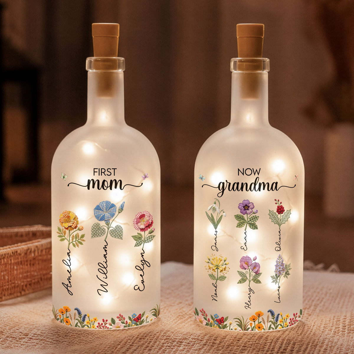 First Mom Now Grandma Birthflower Patchwork Print - Personalized Bottle Lamp