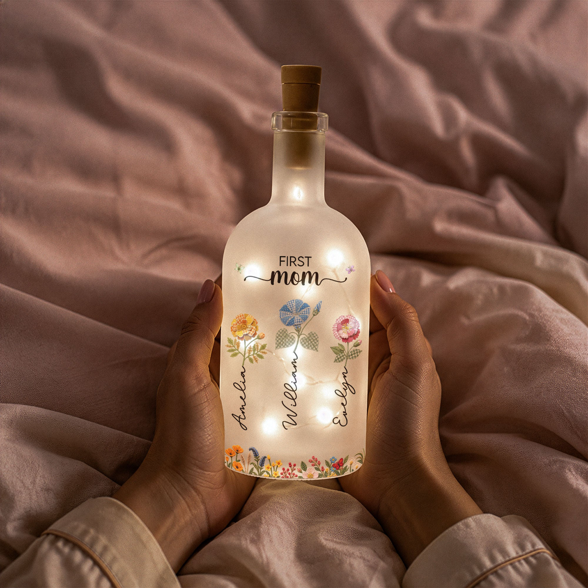First Mom Now Grandma Birthflower Patchwork Print - Personalized Bottle Lamp