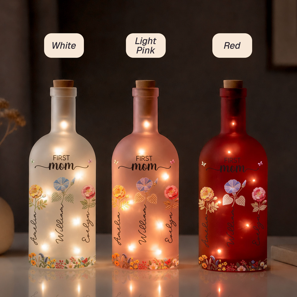 First Mom Now Grandma Birthflower Patchwork Print - Personalized Bottle Lamp