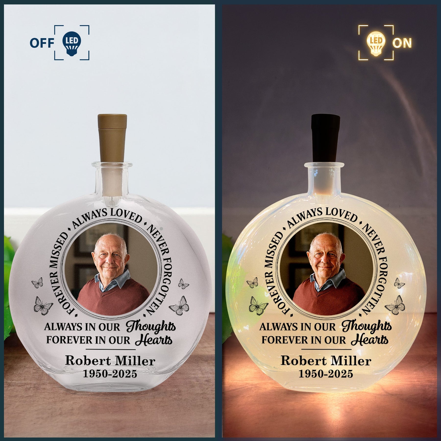 Forever Missed Always Loved Never Forgotten - Personalized Photo Round Flat Bottle Light