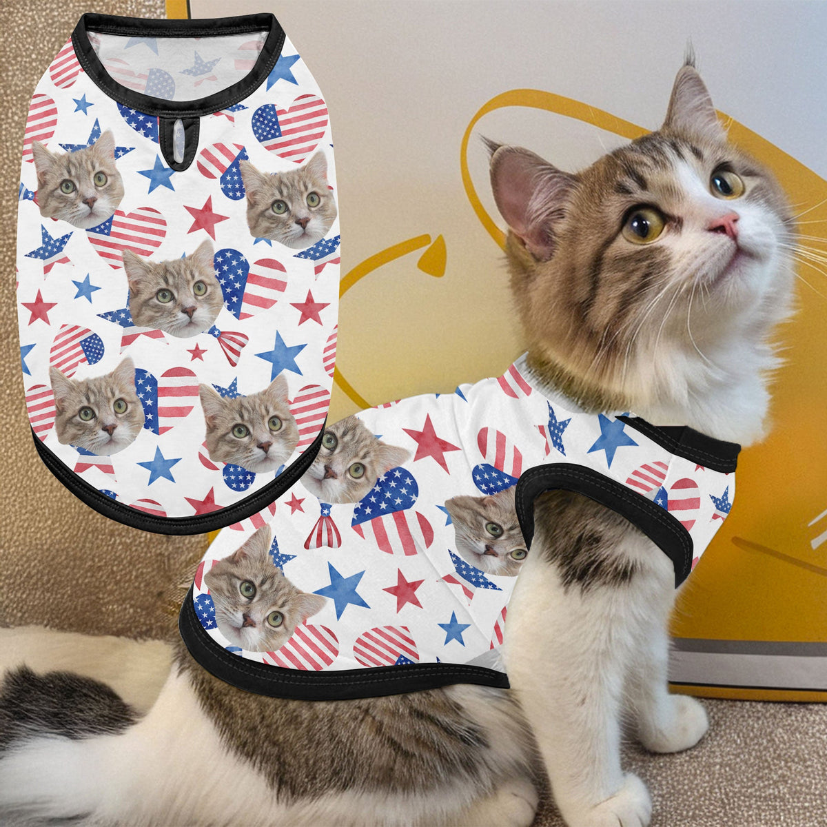 Funny Face Patriotic Star - Personalized Photo Cat Shirt