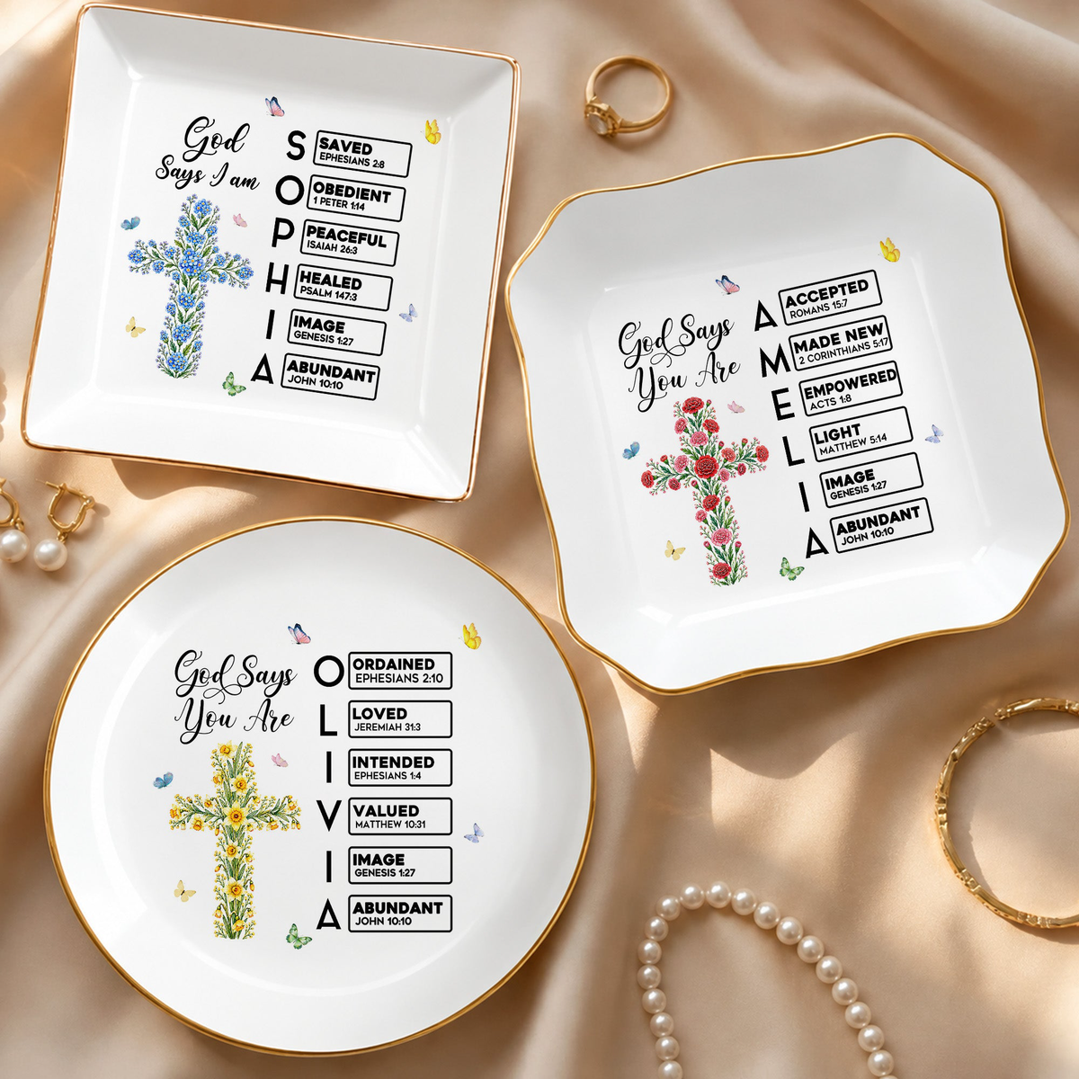 God Says I Am Name Letter In Bible Cross Birth Month Flower - Personalized Jewelry Dish