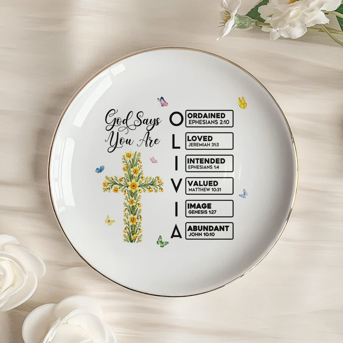 God Says I Am Name Letter In Bible Cross Birth Month Flower - Personalized Jewelry Dish