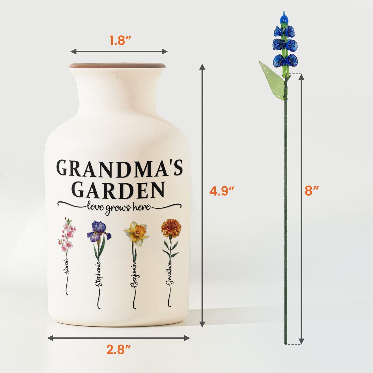 Grandma's Garden - Personalized Vase With Glass Birth Month Flowers