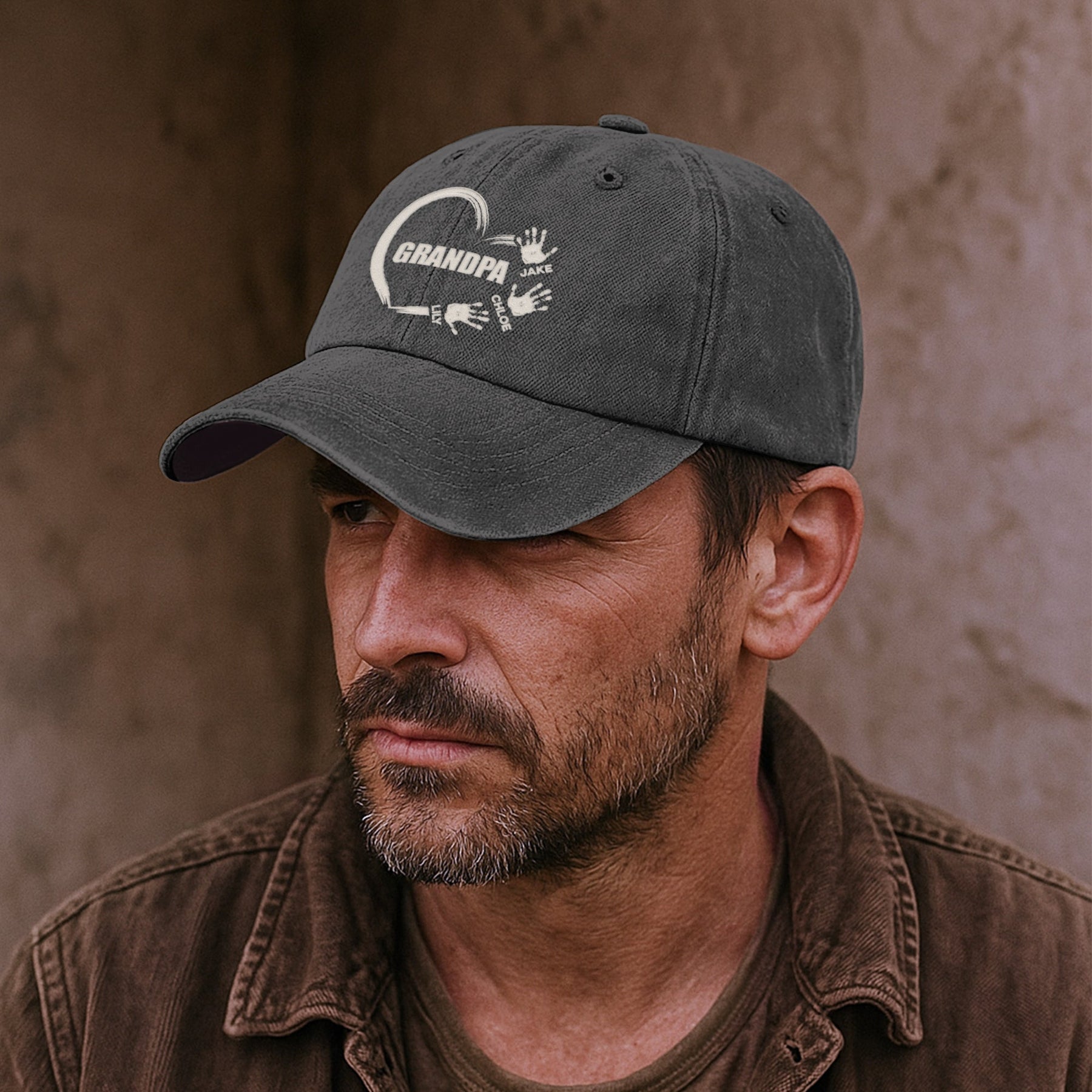 Grandpa Love Handprints - Personalized Distressed Denim Cap