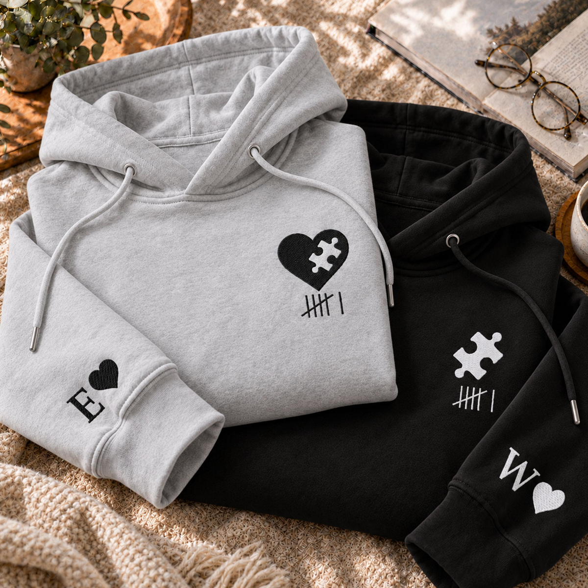 Heart & Puzzle Piece Matching Couples With Roman Numeral Anniversary Gift Embroidered - Personalized Shirt