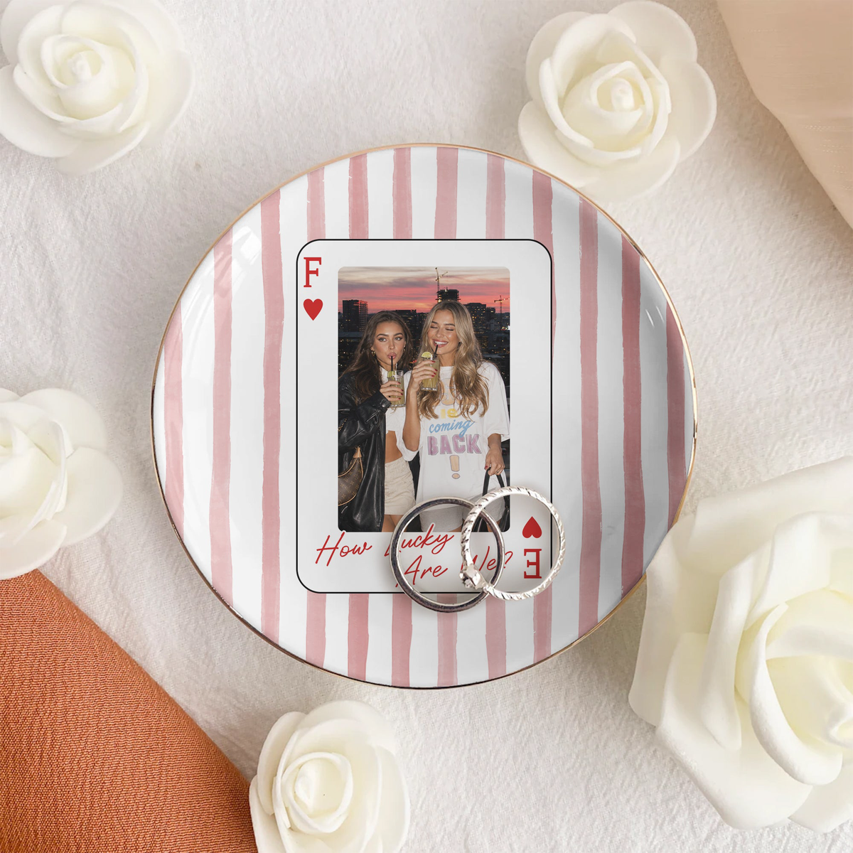How Lucky We Are - Upload Photo For Besties, Friends - Striped Style - Personalized Jewelry Dish