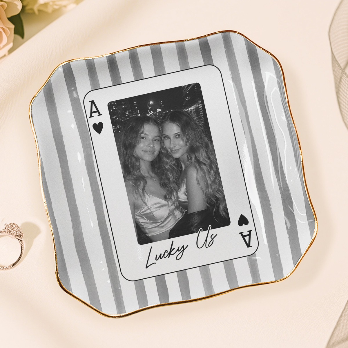 How Lucky We Are - Upload Photo For Besties, Friends - Striped Style - Personalized Jewelry Dish