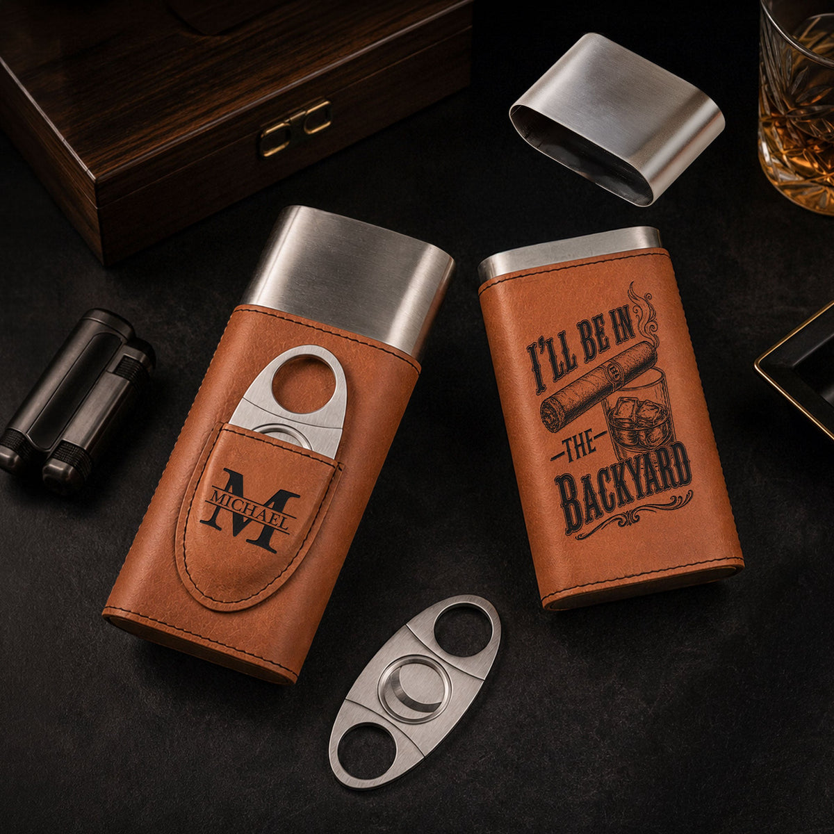 I’ll Be In The Backyard - Gift For Him, Travel Leather Case With Cutter - Personalized Cigar Case