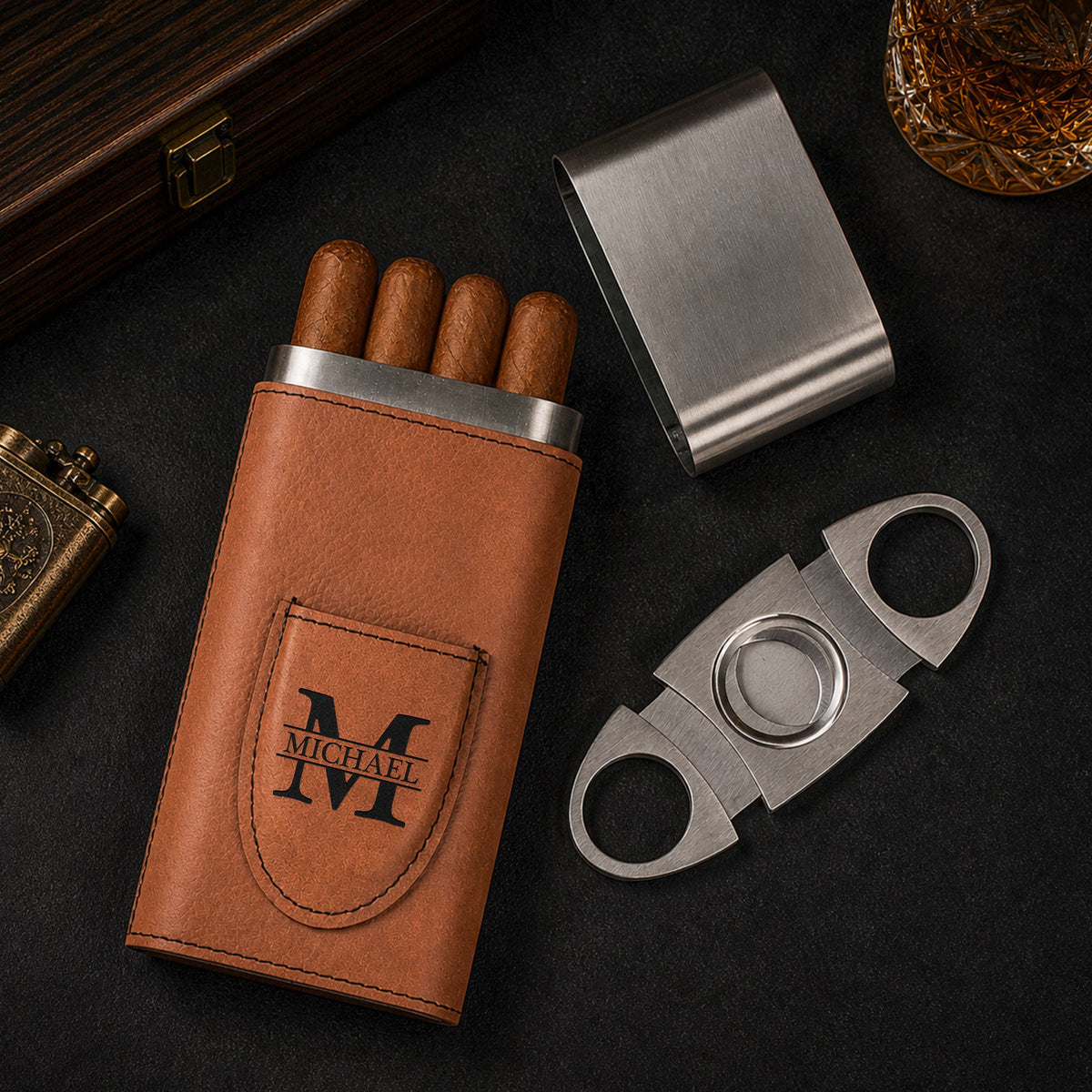 I’ll Be In The Backyard - Gift For Him, Travel Leather Case With Cutter - Personalized Cigar Case