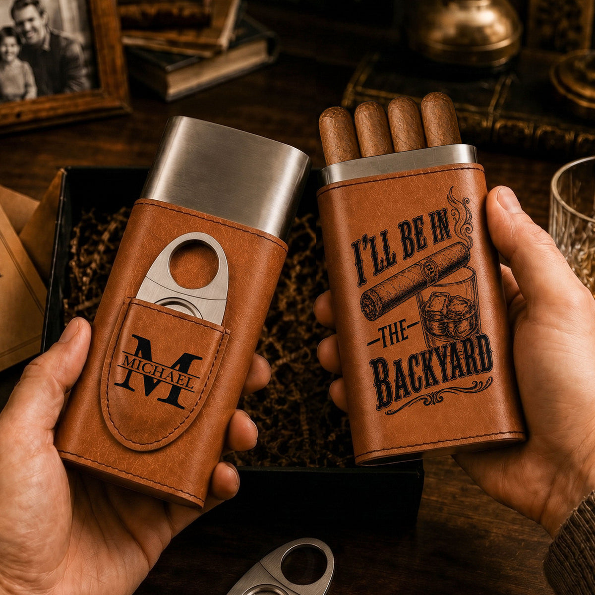 I’ll Be In The Backyard - Gift For Him, Travel Leather Case With Cutter - Personalized Cigar Case