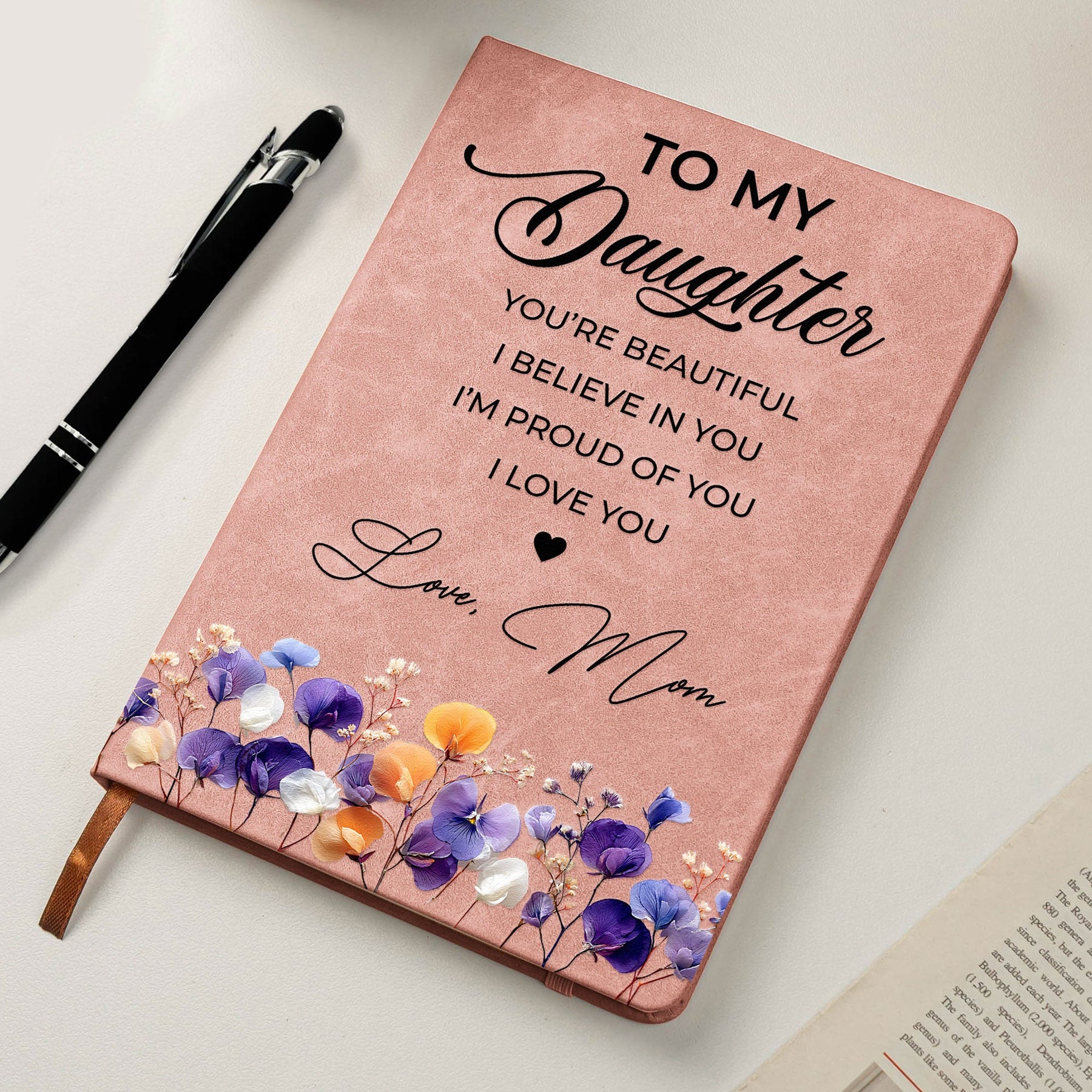 Inspirational Gift For Her Faux Pressed Birth Flower - Personalized Leather Journal