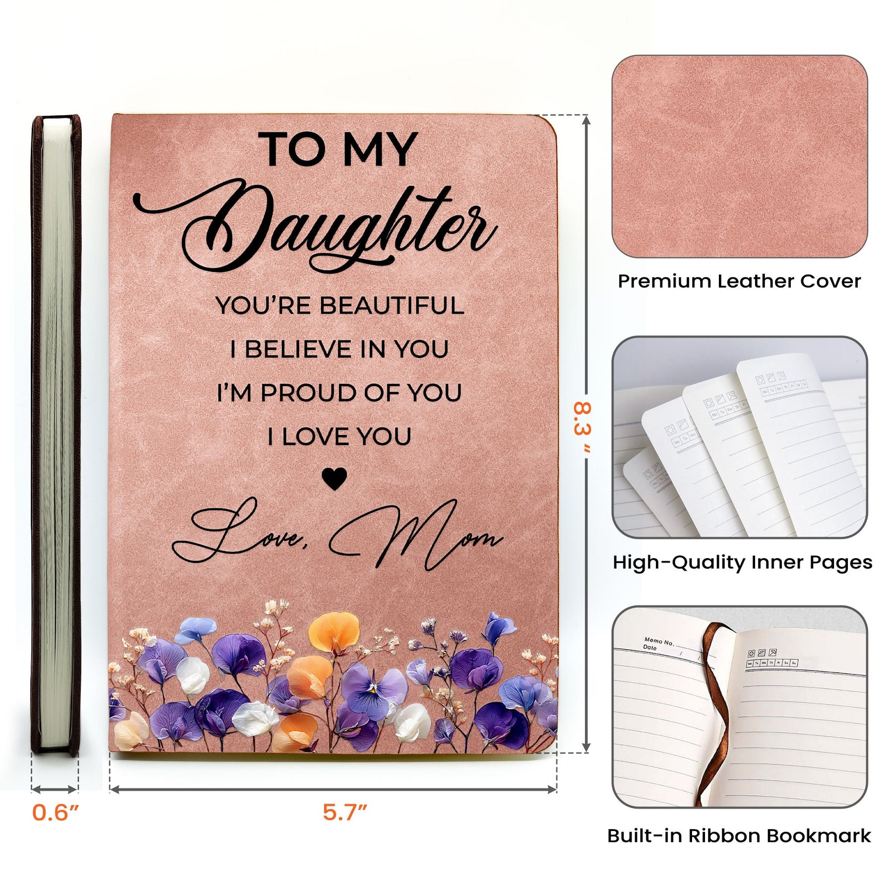 Inspirational Gift For Her Faux Pressed Birth Flower - Personalized Leather Journal