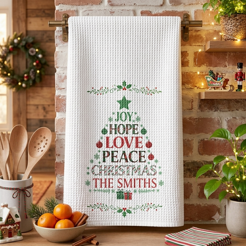 Joy Hope Love Peace Christmas Family - Personalized Kitchen Towel