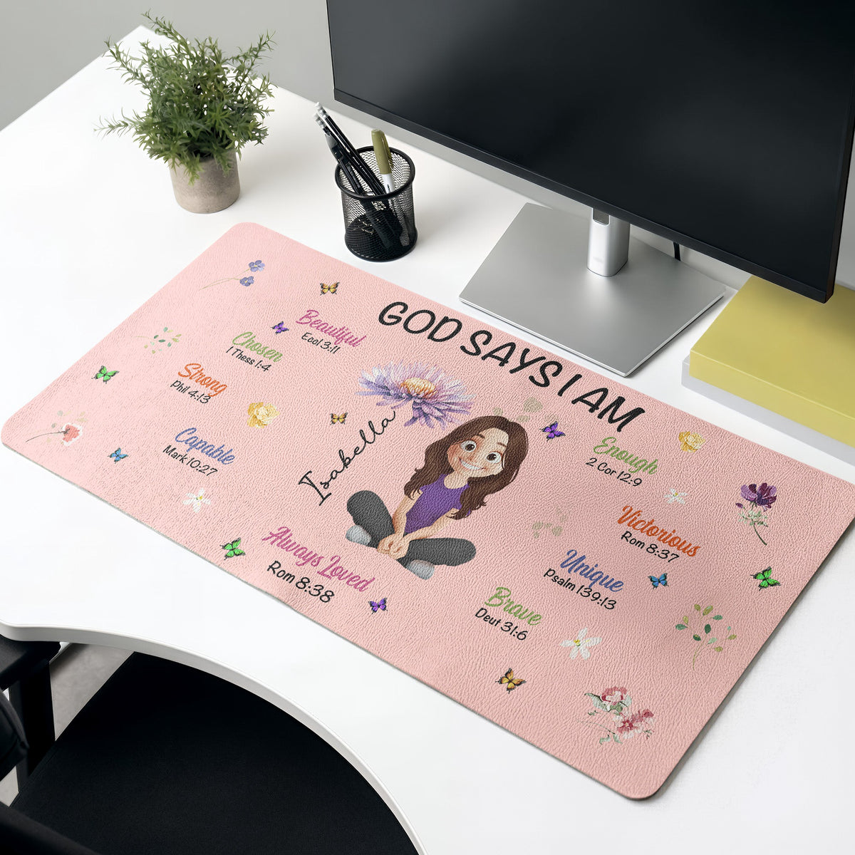 Kid Birth Flower God Says I Am - Personalized Desk Mat