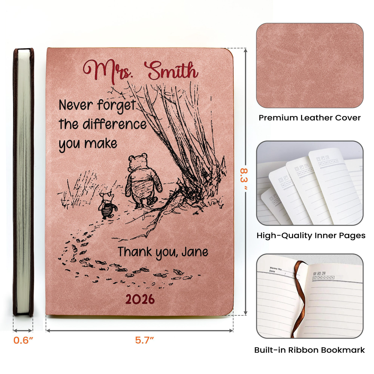 Corporate Gifts Never Forget The Difference You Make - Thank You Gift - Personalized Leather Journal