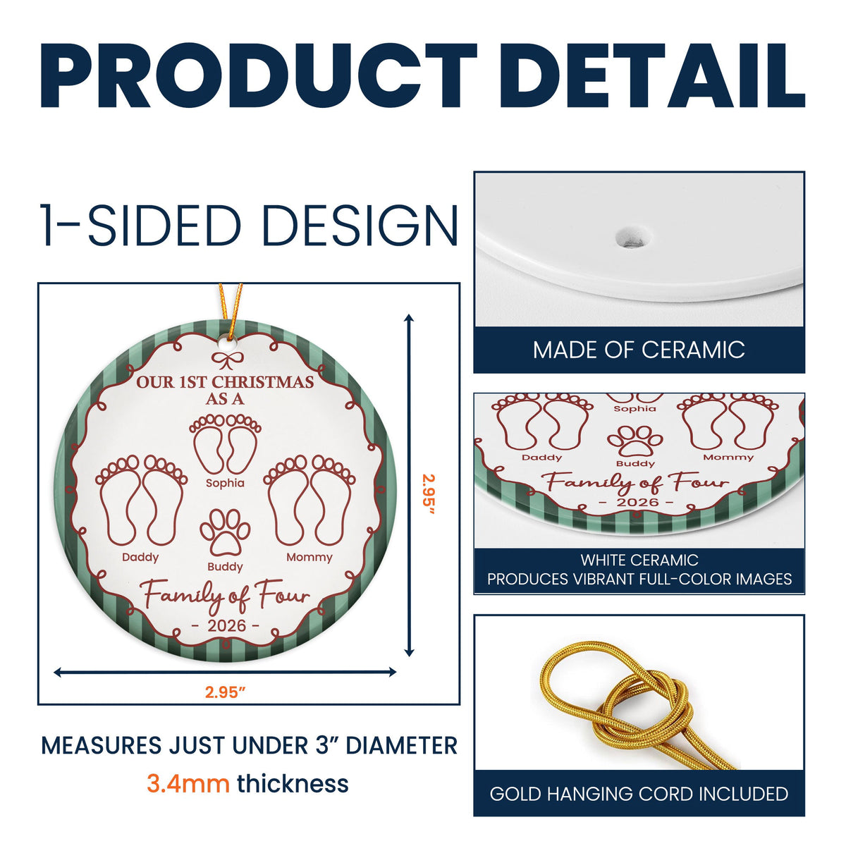 Our First Christmas As A Family Of Three, Four, Five, Six Striped Pattern - Personalized Ornament