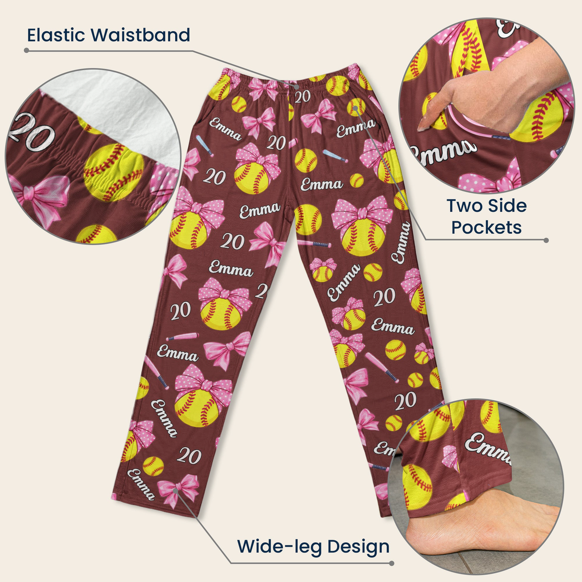 Coquette Bow Softball Custom Name, Number Gift For Softball Player, Softball Team - Personalized Lounge Pants