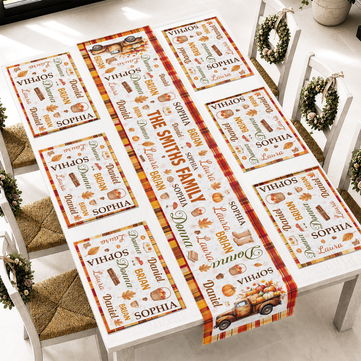 Repeating Names Autumn Leaves Pumpkin Pattern Decor - Personalized Table Runner Set