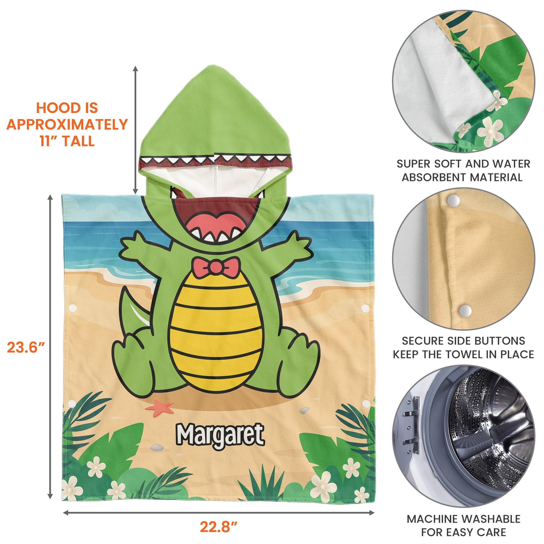 T-Rex, Dinosaur On The Beach - Personalized Kids Hooded Towel