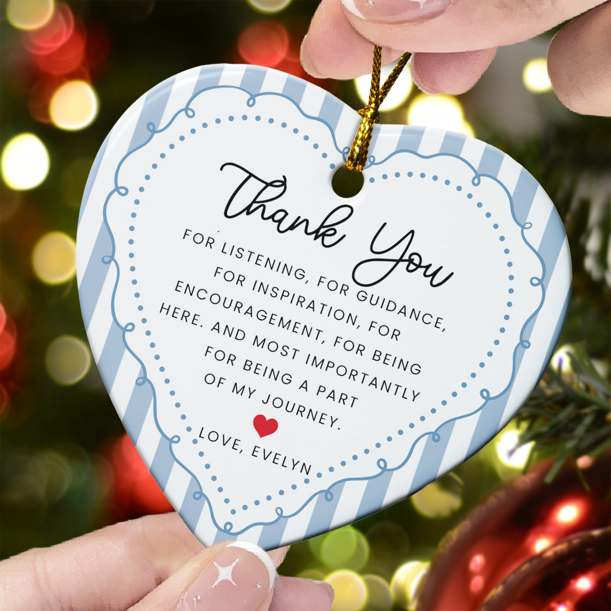 Thank You Gifts Heart Shaped Christmas Ornament Striped Patterns - Personalized Ornament
