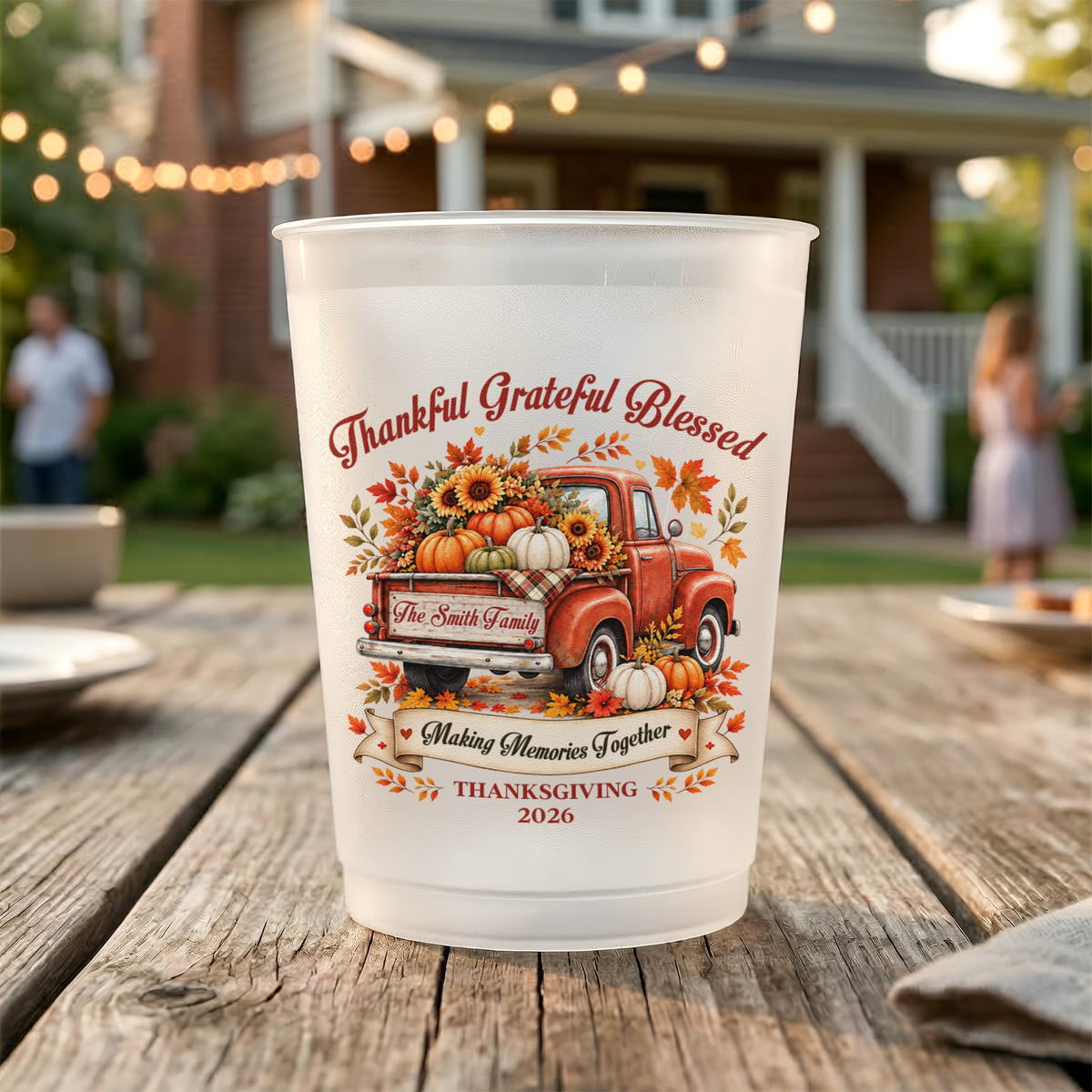 Thanksgiving Party Cups Family, Friendsgiving - Thankful Grateful Blessed - Personalized Cups