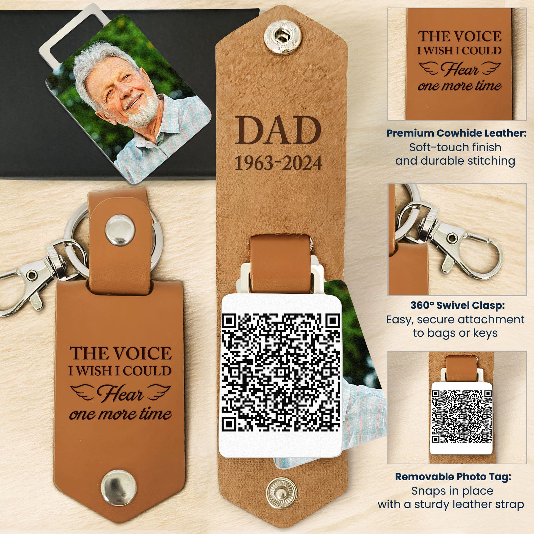 The Voice I Wish I Could Hear - Custom QR Code Voice & Photo - Personalized Leather Photo Keychain