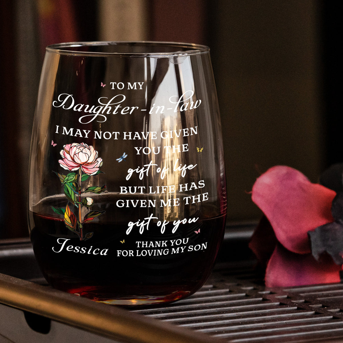 To My Daughter In Law Gift For Daughter In Law, Flower Lover - Personalized Wine Glass
