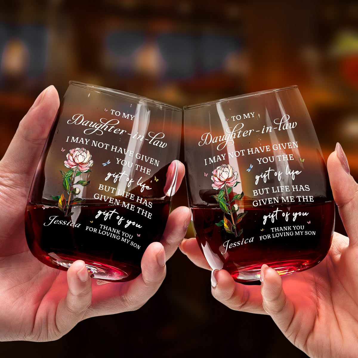 To My Daughter In Law Gift For Daughter In Law, Flower Lover - Personalized Wine Glass