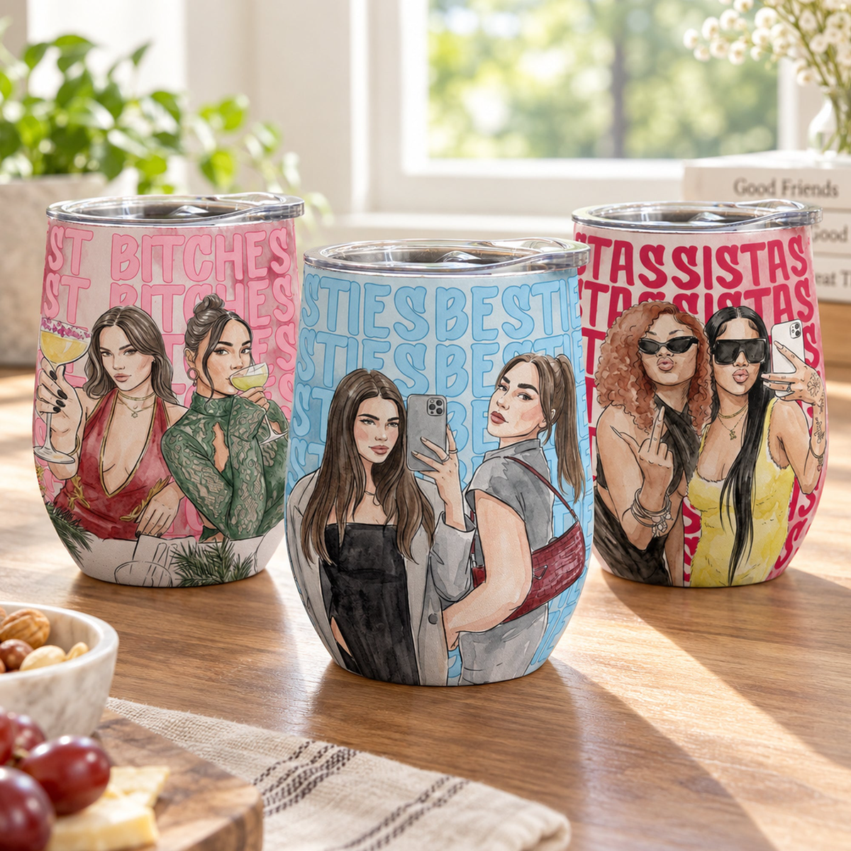 Turn Your Photo Into Watercolor Art - Best B*Tches Friendship Gifts - Personalized Wine Tumbler