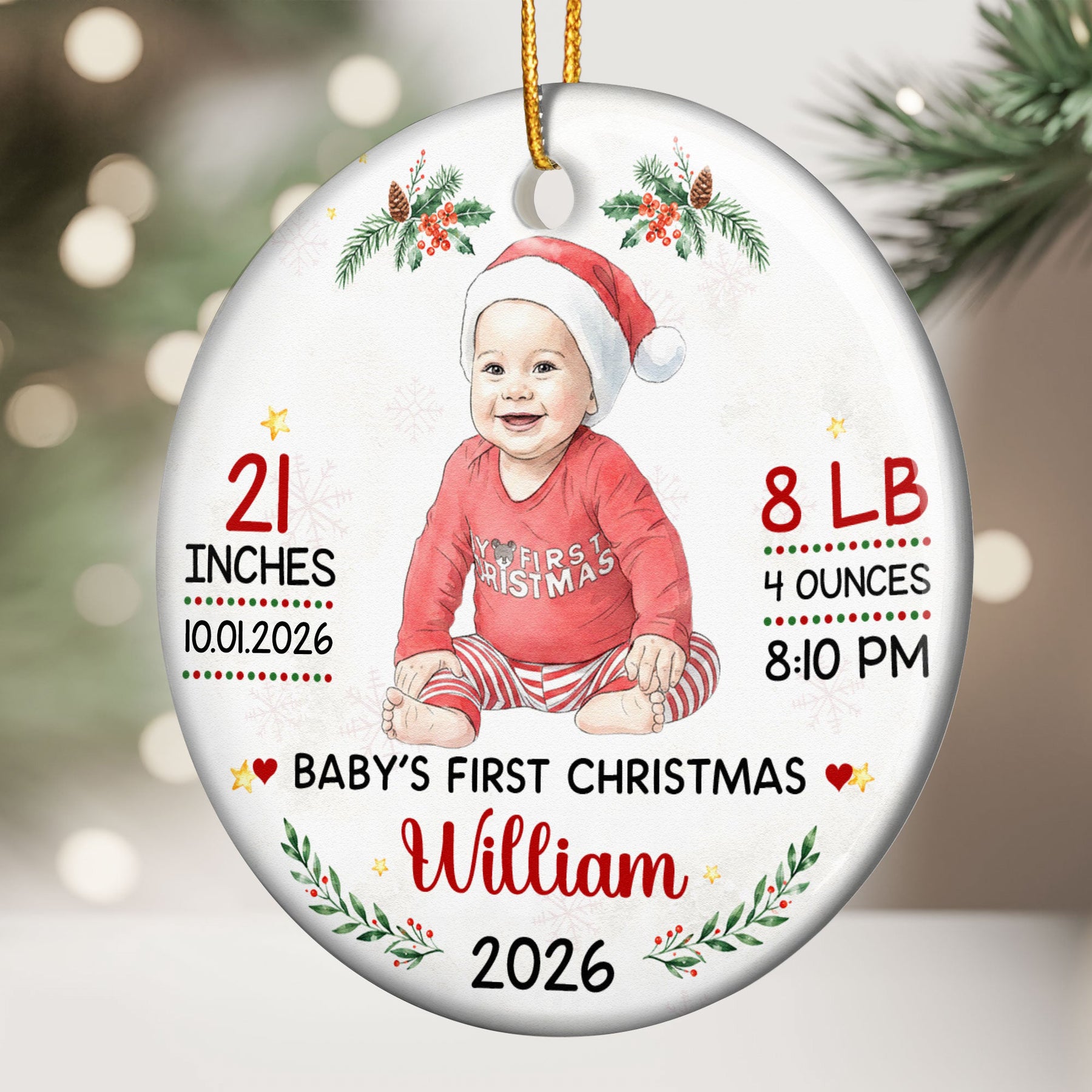 Baby First Christmas Keepsake Custom Photo Watercolor - Personalized Ornament