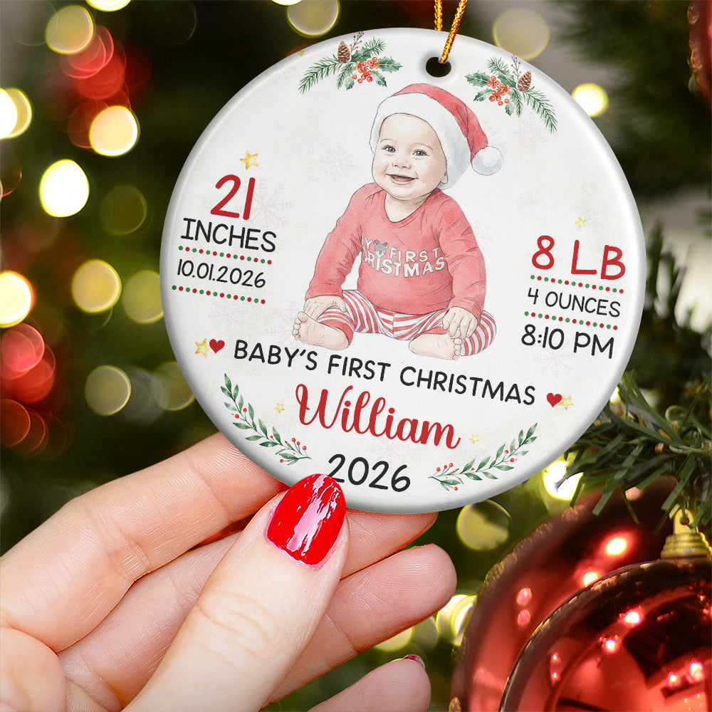 Baby First Christmas Keepsake Custom Photo Watercolor - Personalized Ornament