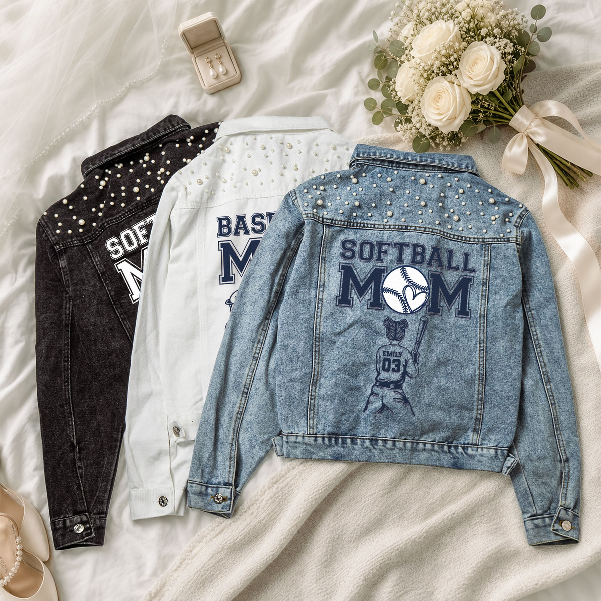 Baseball Mom, Softball Mom - Custom With Kids - Personalized Denim Jacket