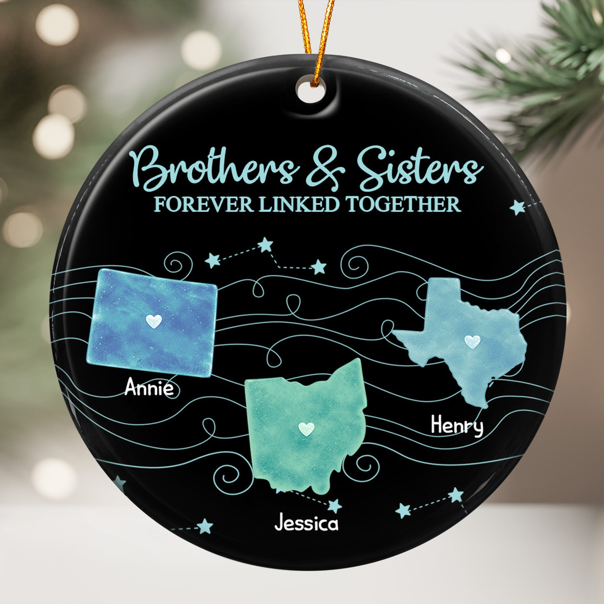 Brothers & Sisters Forever Linked Together State Map - Personalized Ornament