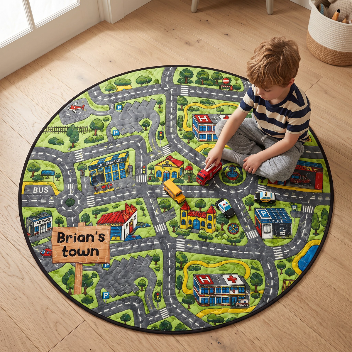 Car Racing Game Nursery Street For Kids - Personalized Quilted Mat