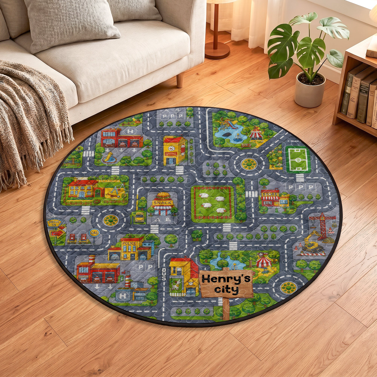 Car Racing Game Nursery Street For Kids - Personalized Quilted Mat