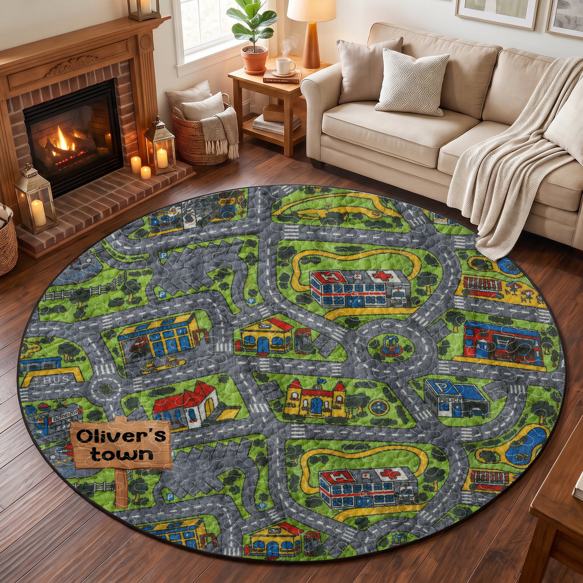 Car Racing Game Nursery Street For Kids - Personalized Quilted Mat