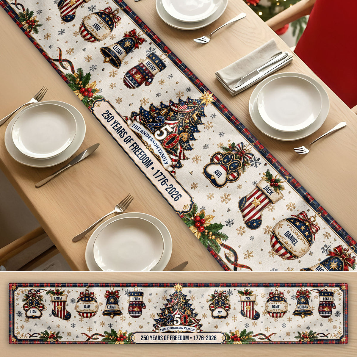 Christmas 250 Years Of Freedom - Custom Family Name - Personalized Table Runner