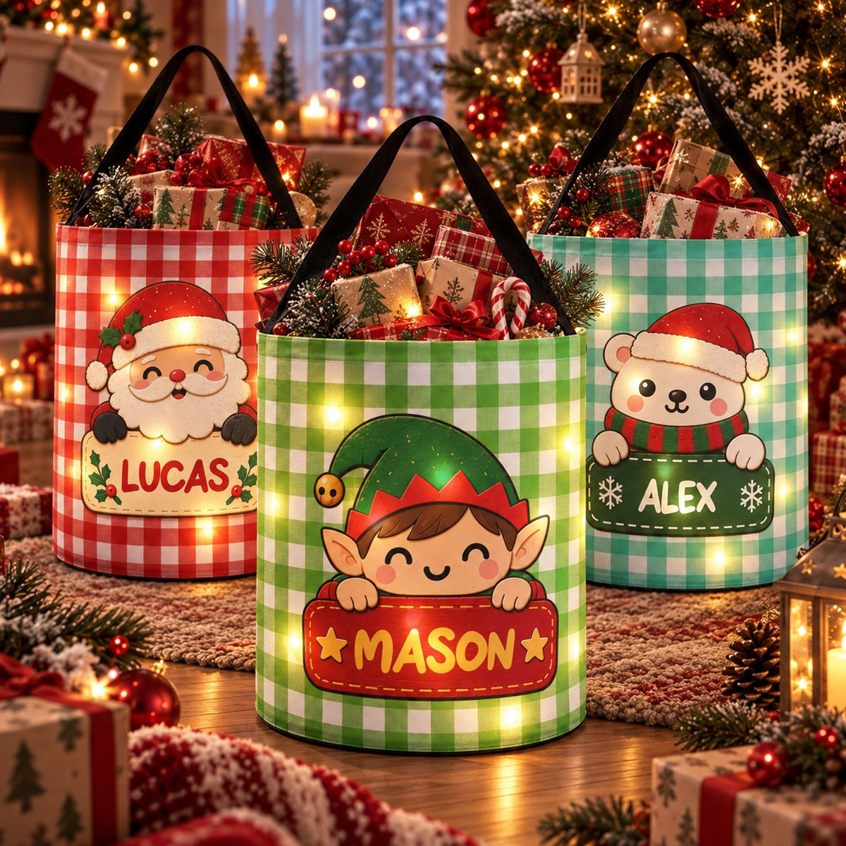 Christmas Character Gingham Pattern Christmas Decoration - Personalized Basket