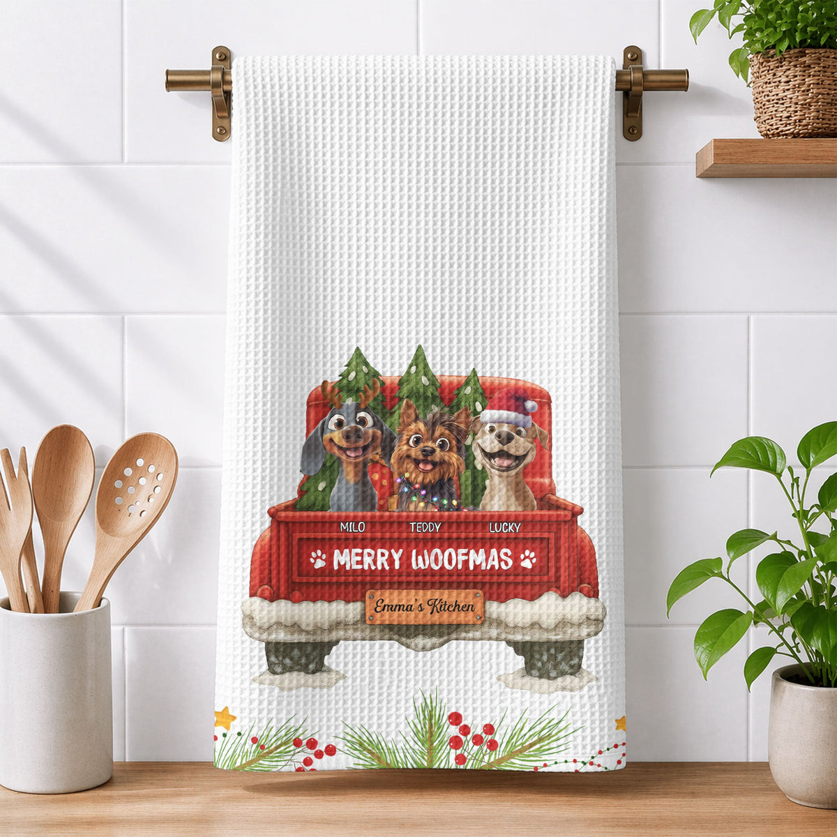 Christmas Gift For Dog Lover Rustic Red Truck, Housewarming Gift Hostess Gift, Kitchen Decor - Personalized Kitchen Towel